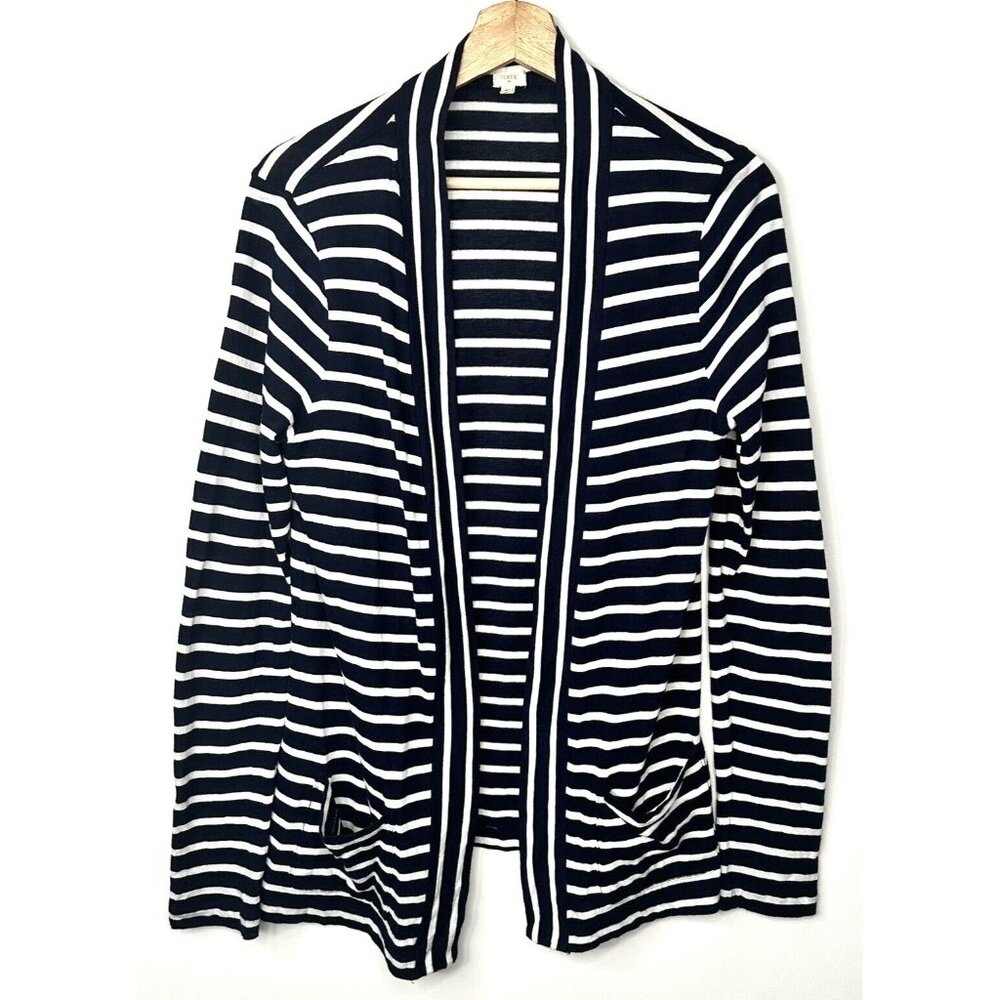 J Crew Womens Cardigan Sweater Open Front Lightweight Blue/White Stripes Medium